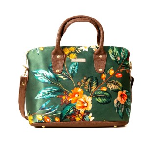 Duża Torebka Shopper GARDENIA – Wegańska, Zielona, Kolorowy Wzór Kwiatowy (Z Kosmetyczką)